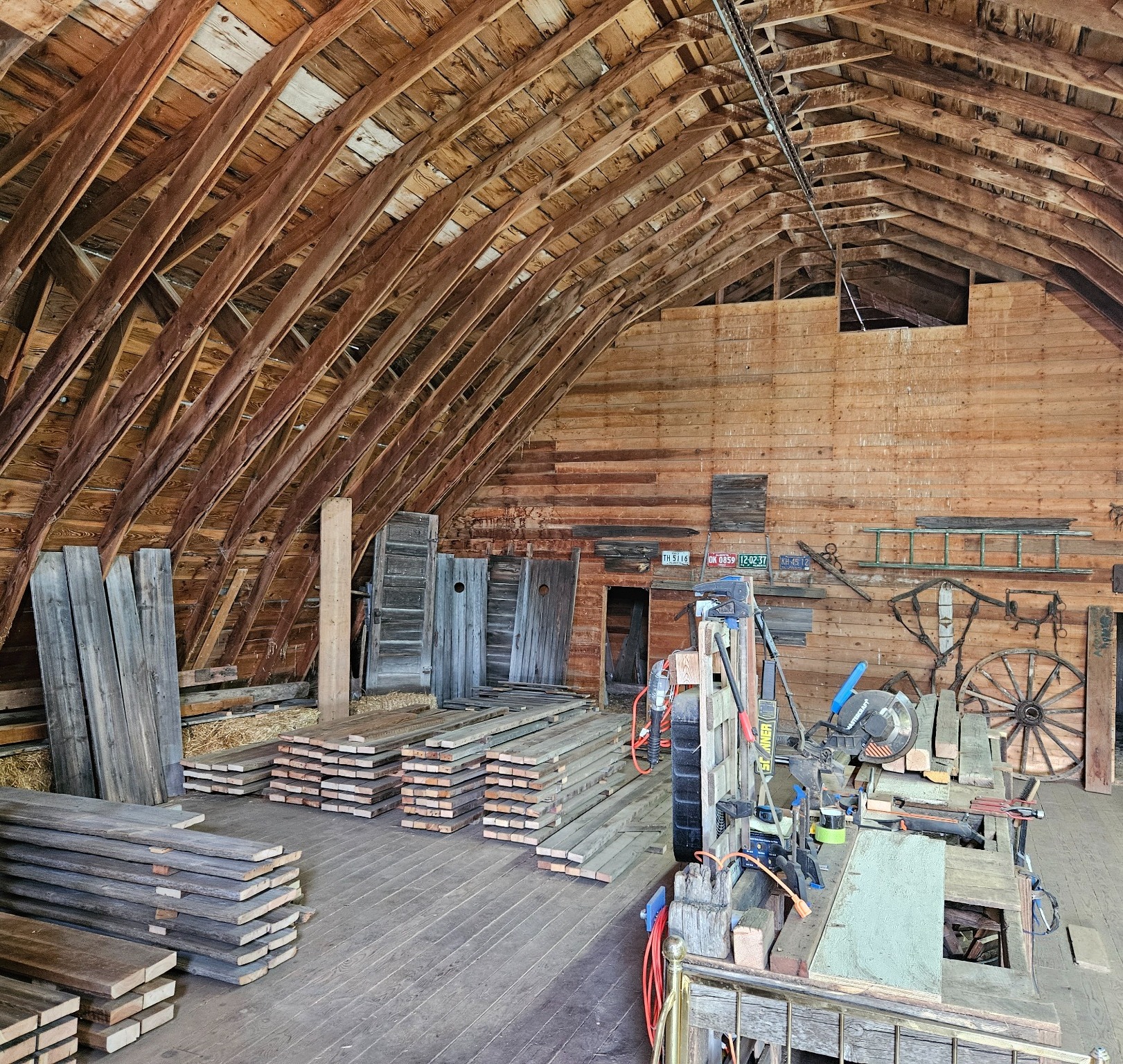 Interior of historic farm building with reclaimed lumber